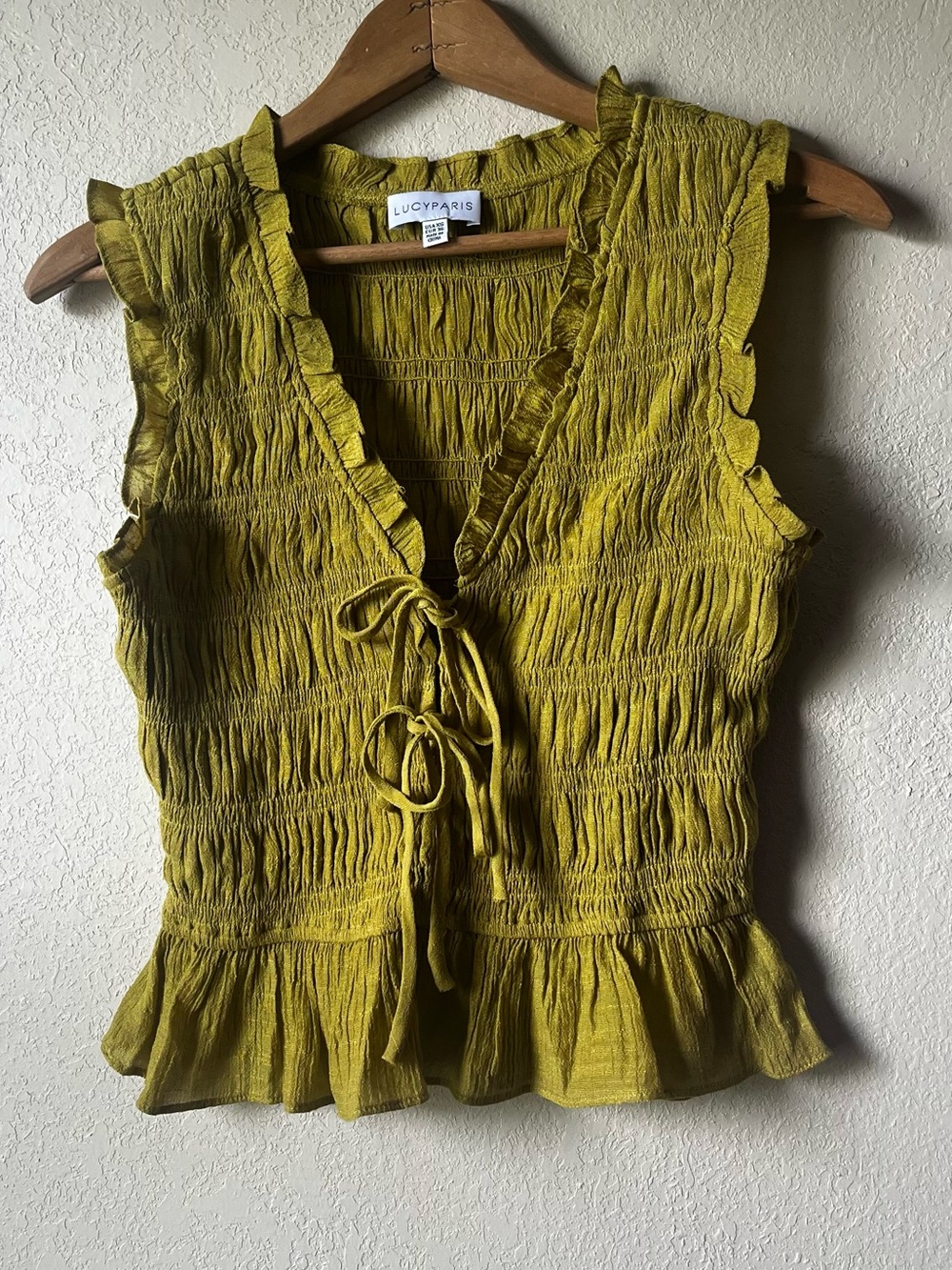 Lucy Paris Green Ruffle Tie-Front Smocked Sleeveless Top